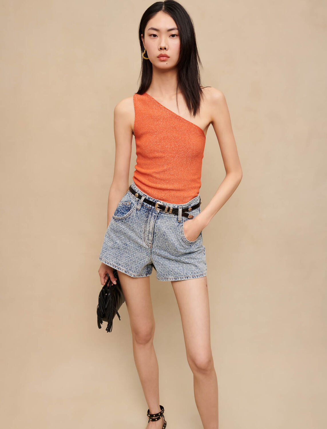 Diamanté and jacquard denim shorts : Pink Valentine color 