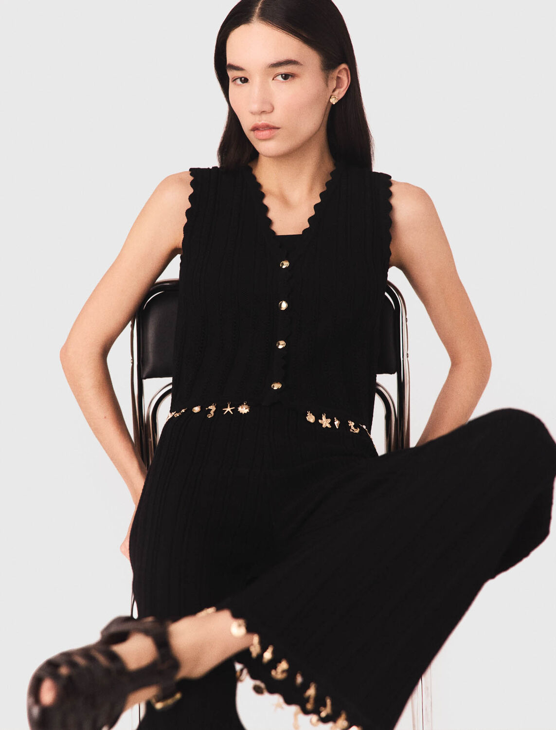 Gold-embellished knit cardigan : Tops color Black