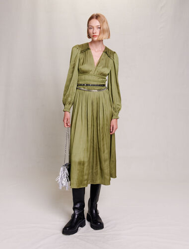 Satin-effect ruffled midi dress : Dresses color Khaki