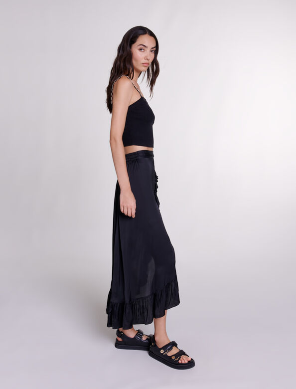 Long satin-effect ruffled skirt : Skirts & Shorts color Black