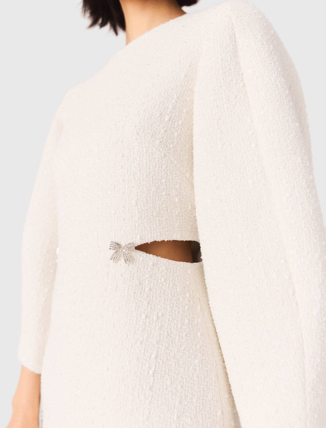 Short balloon-sleeve tweed dress : Dresses color Ecru