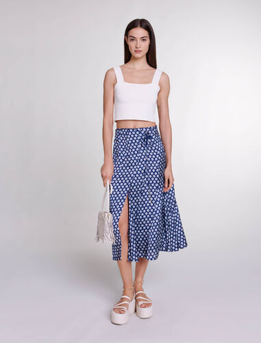 Mid-length satin-effect skirt : Skirts & Shorts color Clover navy/ecru