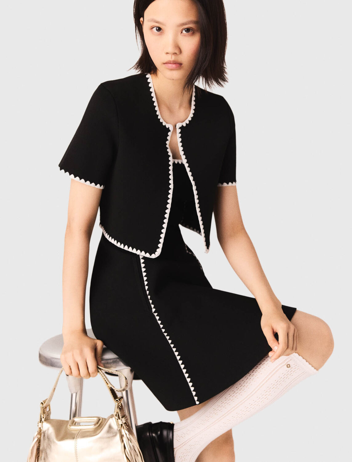 Topstitched cropped cardigan : Sweaters & Cardigans color Black