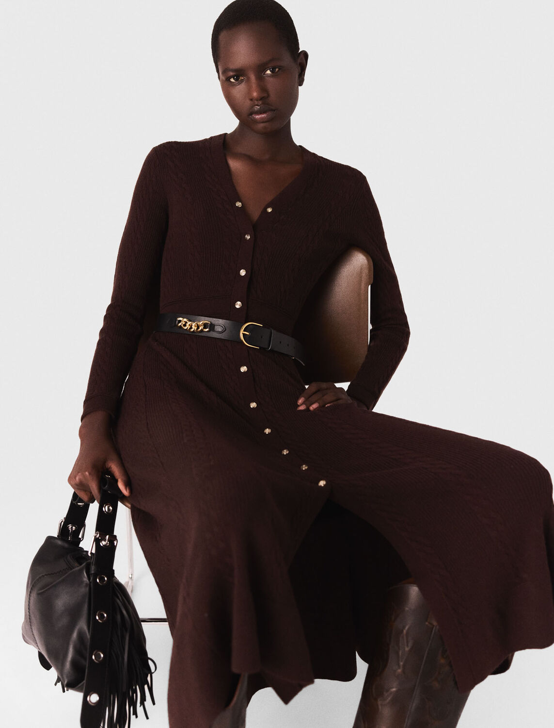 Knit maxi dress with buttons : Dresses color brown