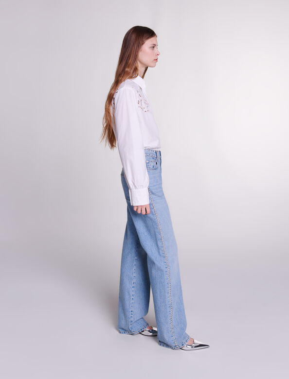 Wide-leg studded jeans : Trousers & Jeans color Blue