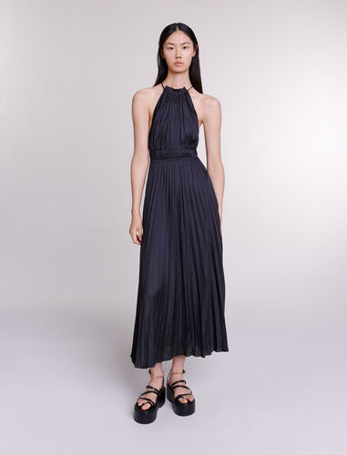 Pleated satin maxi dress : Dresses color Black