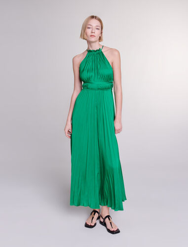 Pleated satin maxi dress : Dresses color Green