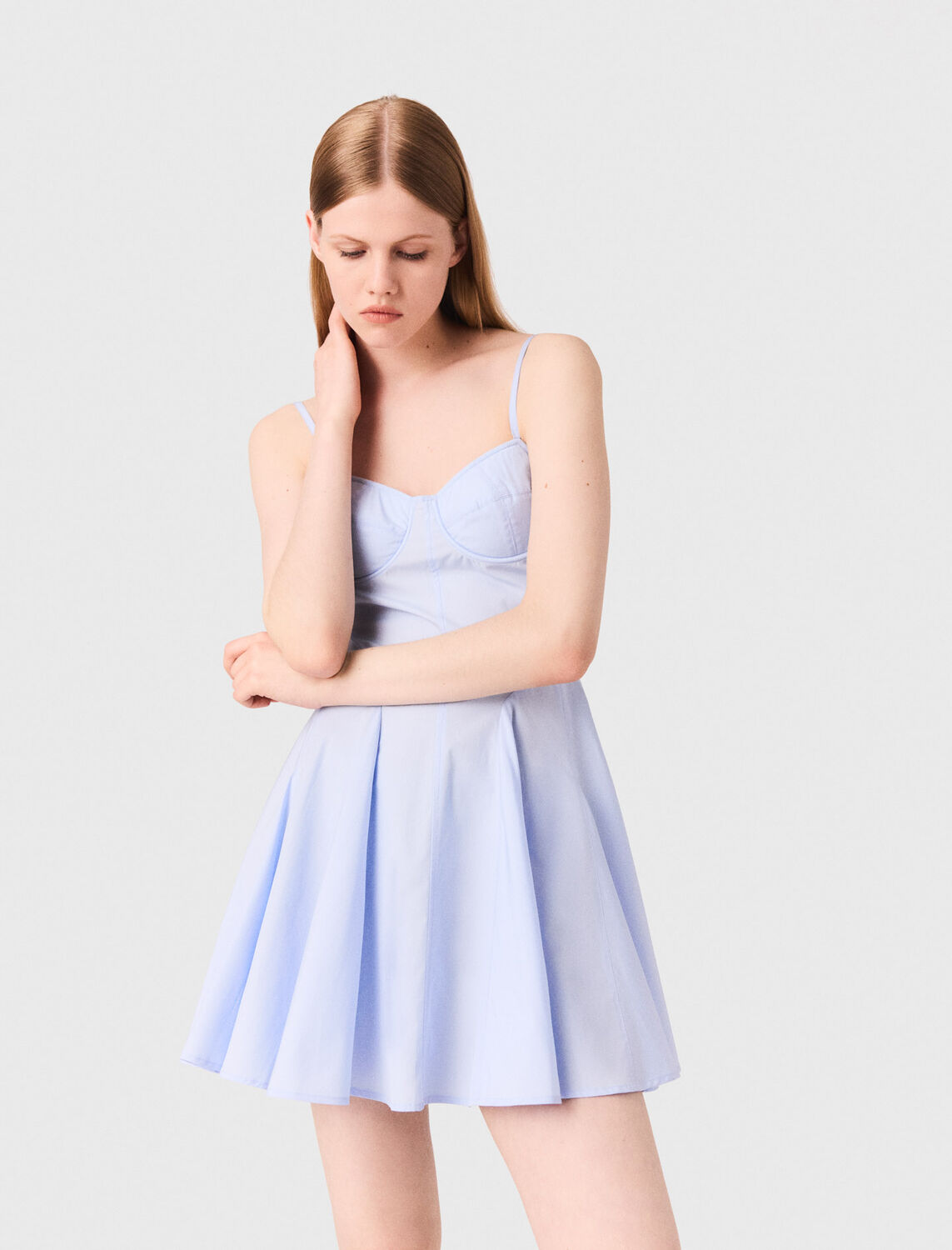 Short cotton flared dress : Dresses color Light Blue