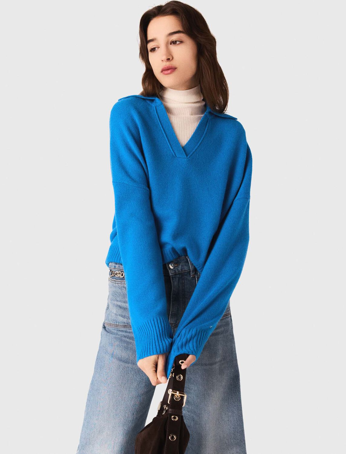 Open polo collar cardigan : Sweaters & Cardigans color Turquoise