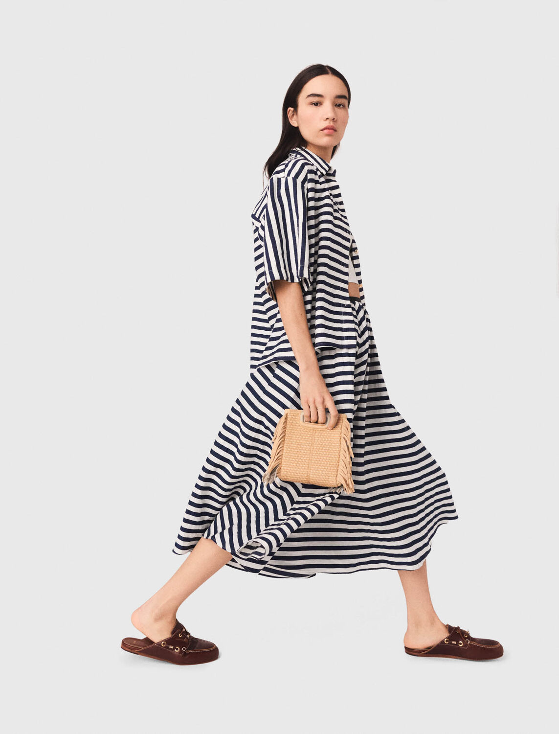 Linen-blend midi skirt : Skirts & Shorts color White/Blue