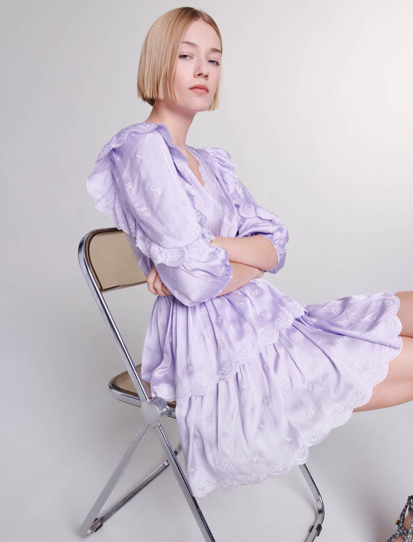 Short satin-look embroidered dress : Dresses color Parma Violet