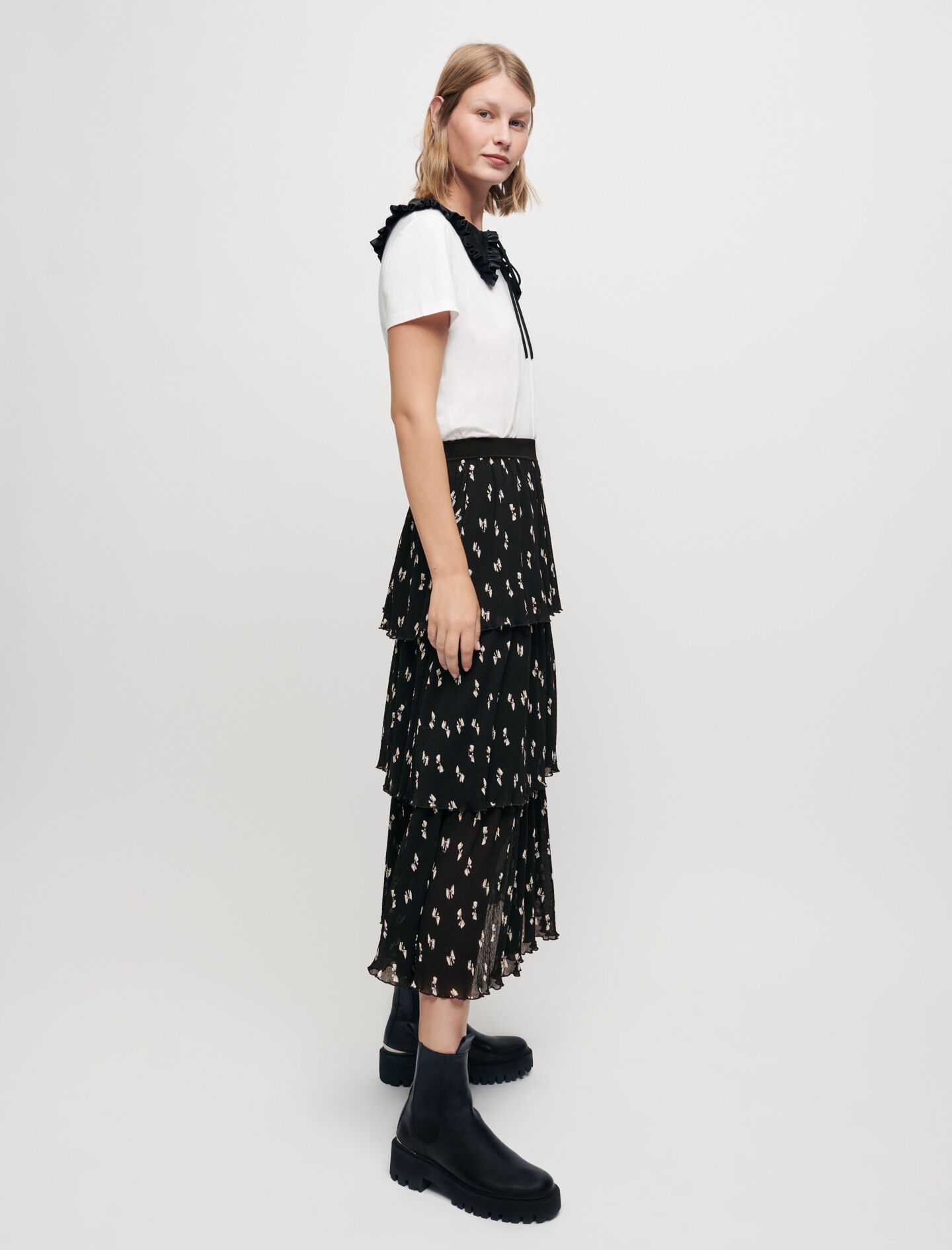 maje printed dress with pleated skirt