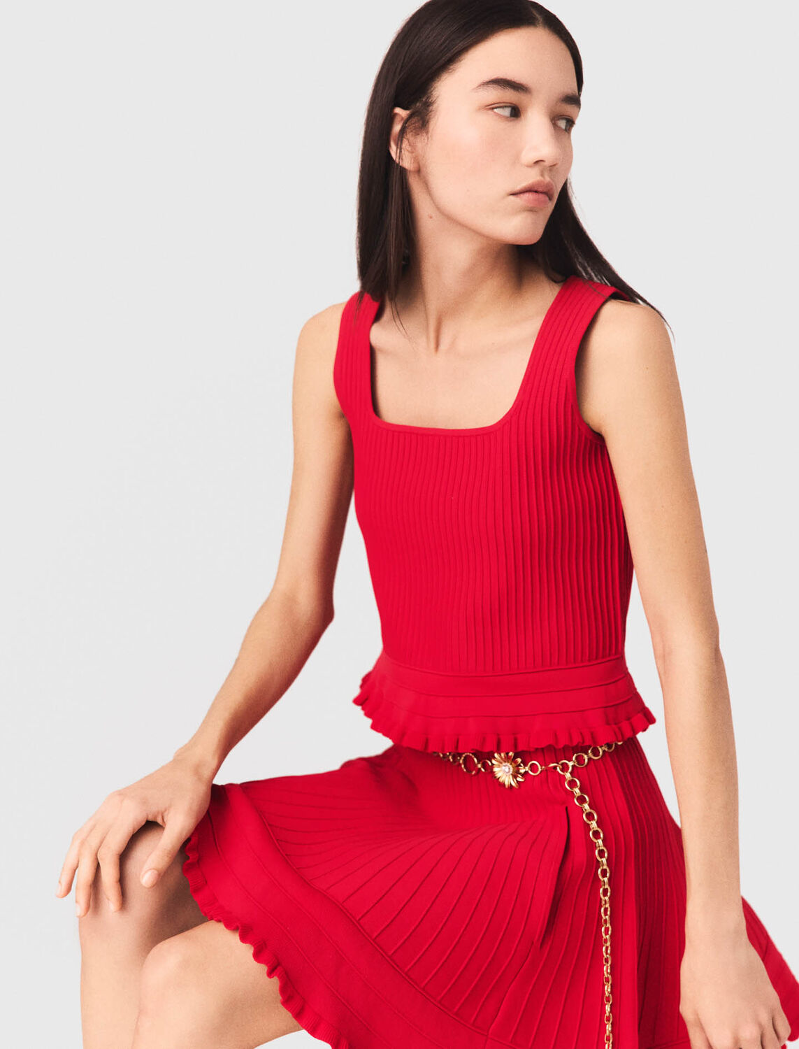 Ruffled knit top : Tops color Red