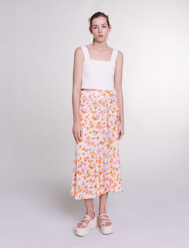 Satin-effect floral skirt : View All color sping orange flower print
