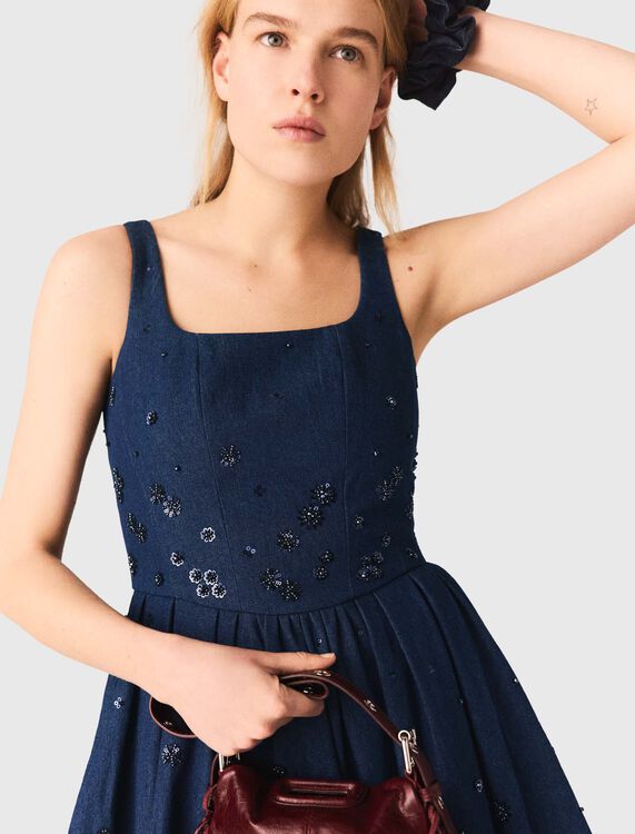 Flared embroidered denim dress - Dresses - MAJE