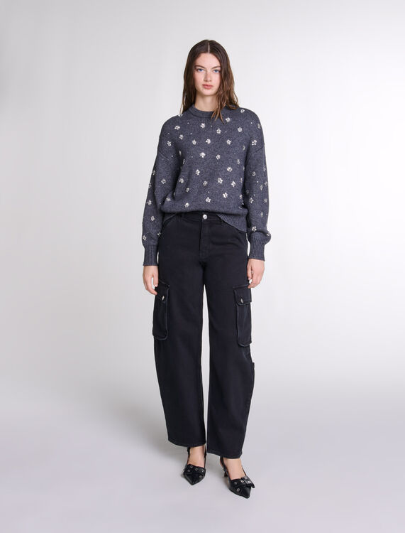 Knitted jumper with rhinestones : Sweaters & Cardigans color Anthracite grey