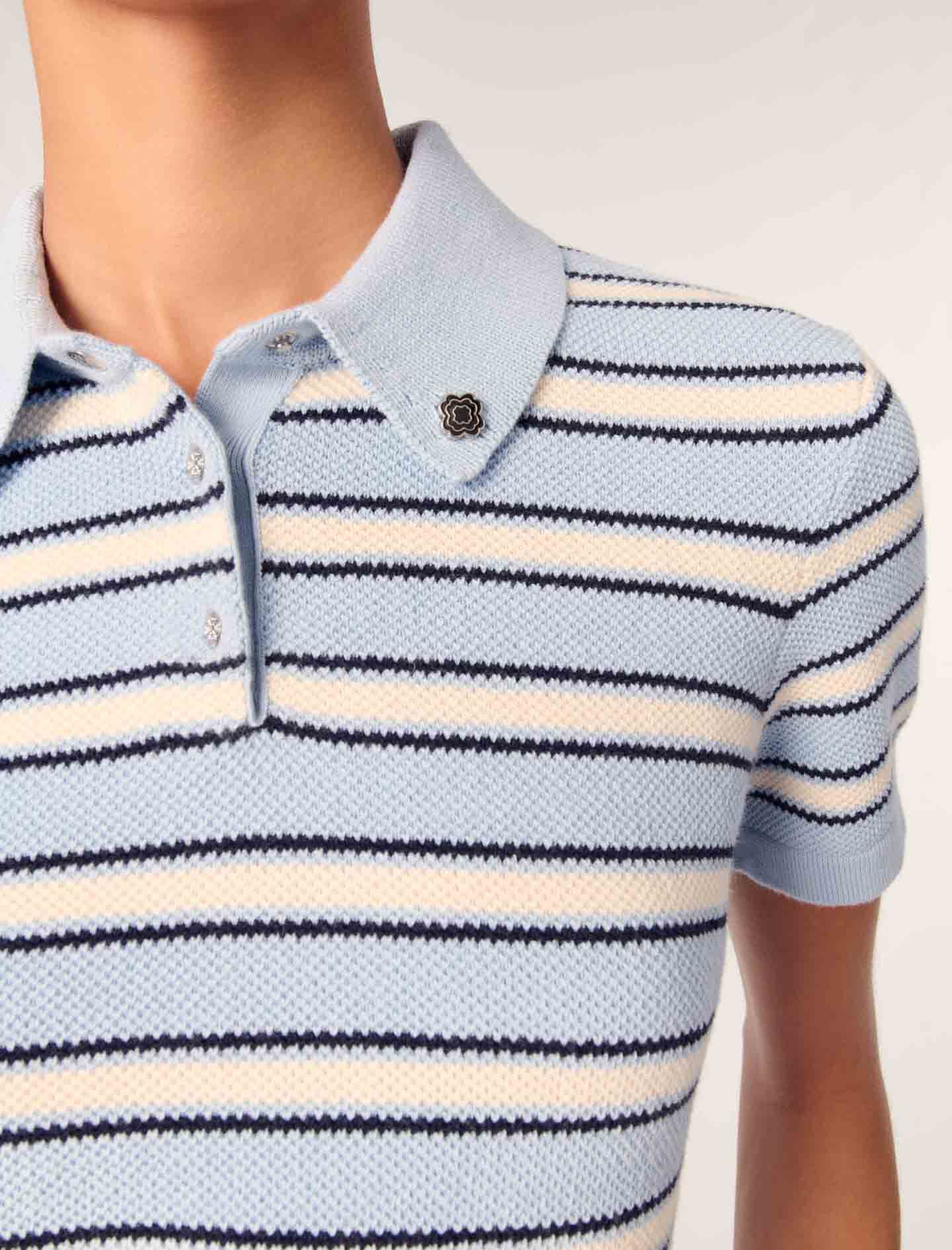 ●PALE JADE● 25SS Collar U-Neck Stripe T Striped knit polo short sleeve shirt Tricolor For Women | Maje