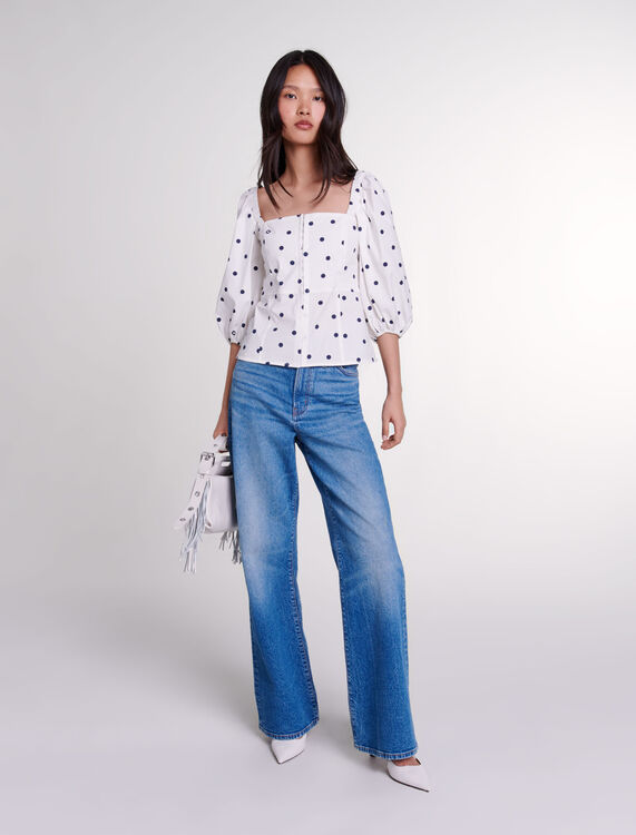 Puff-sleeved top : Tops & T-shirts color Navy and white dots