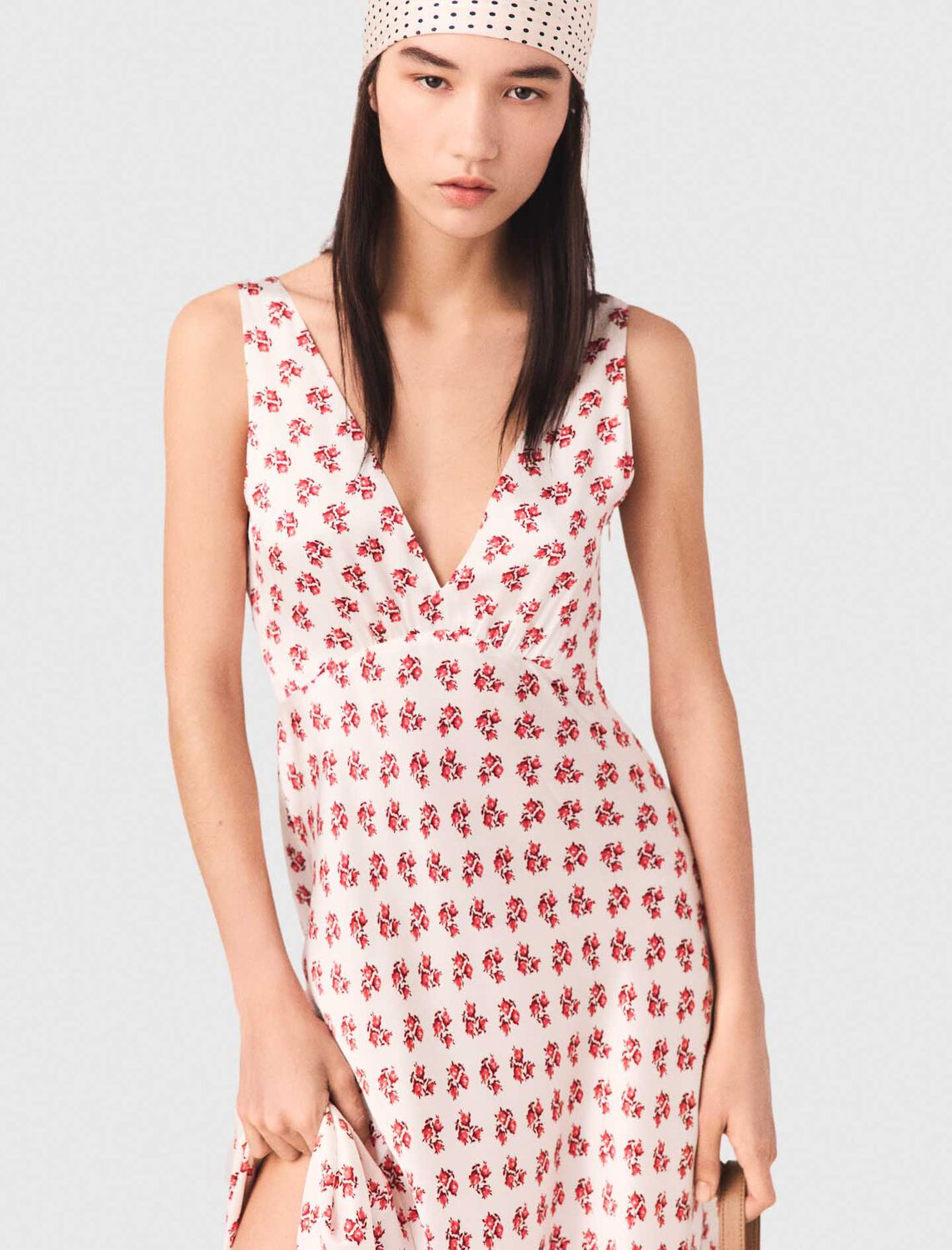 Patterned silk dress : Dresses color Red Small Flowers Print