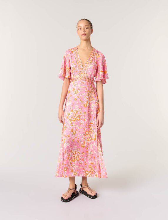 Patterned flowing maxi dress : Dresses color Orange Pink flowers print