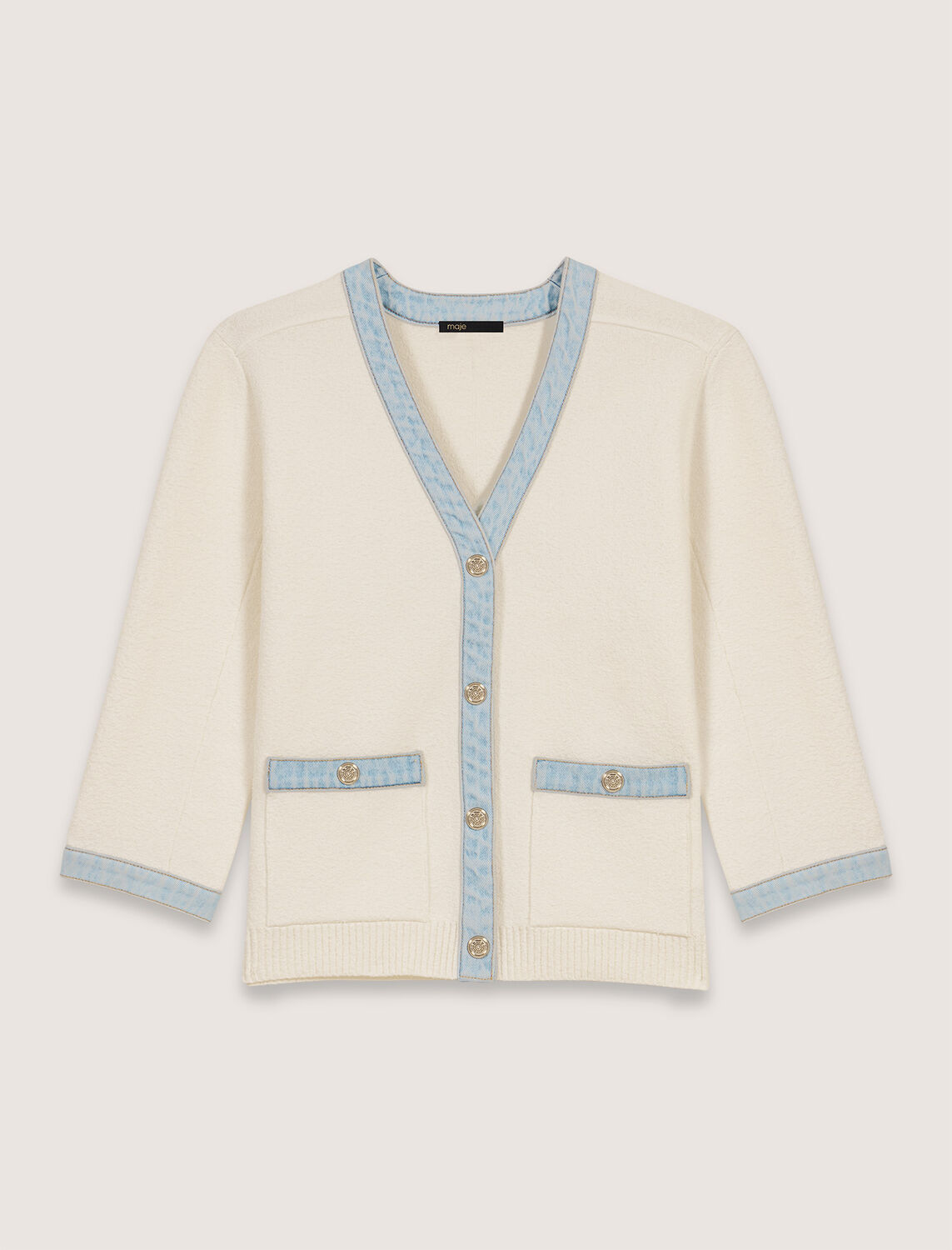 Long cardigan with denim details : Sweaters & Cardigans color Ecru