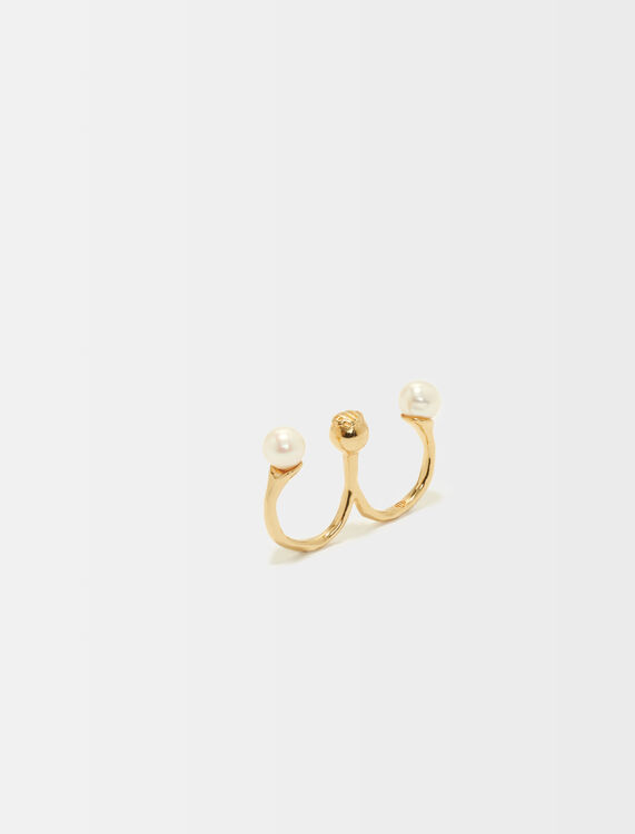 Hammered metal double ring with pearls - Evening capsule collection - MAJE