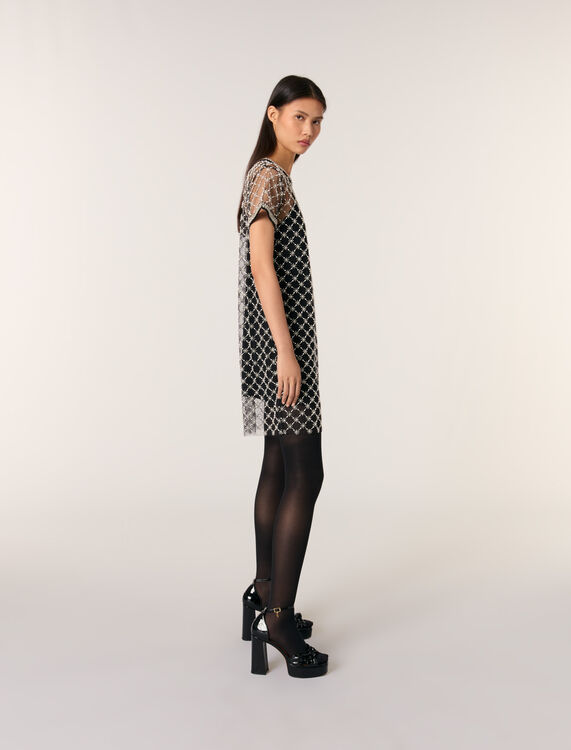 Short embroidered tulle dress : Dresses color Black