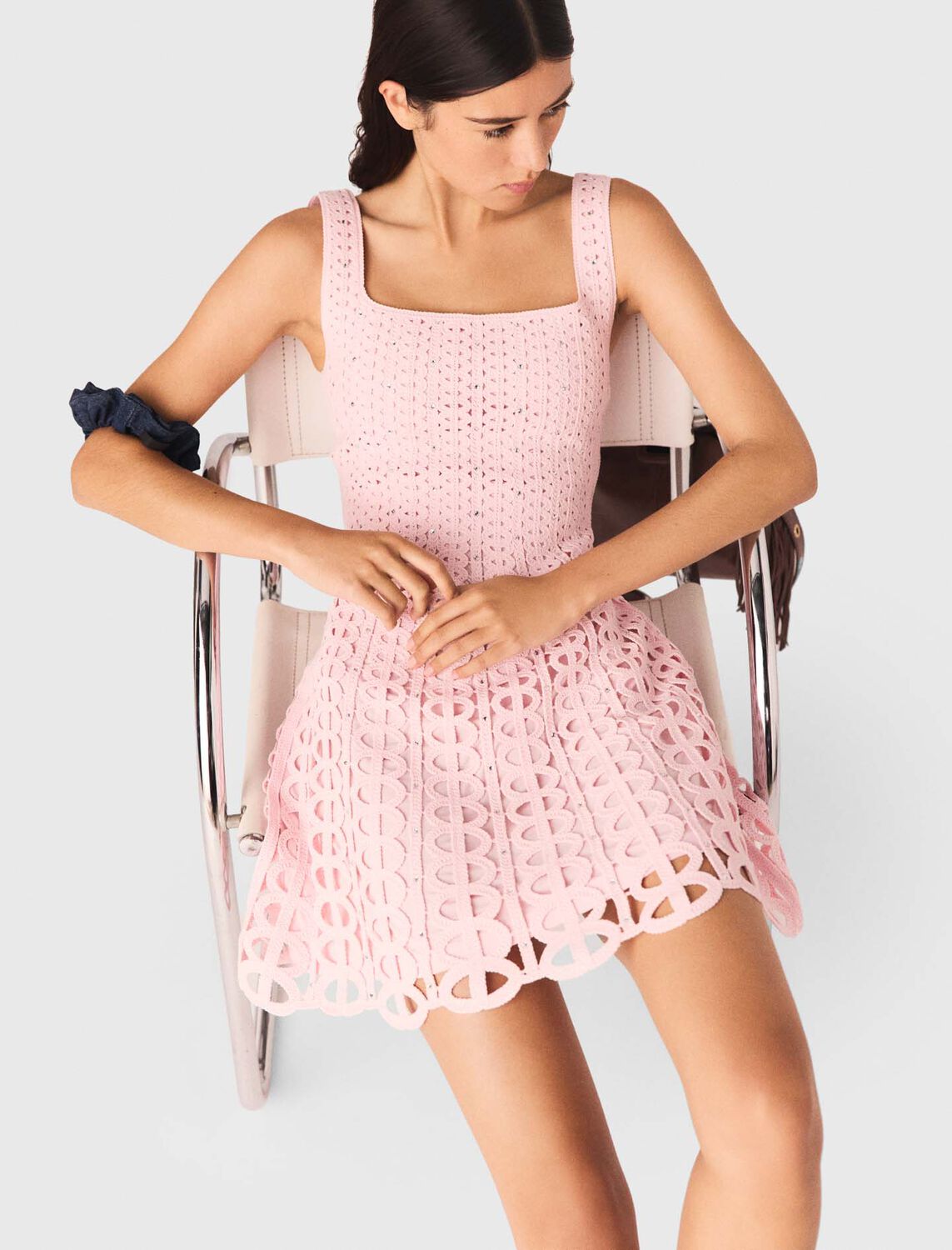 Short rhinestone crochet dress : Dresses color Pink