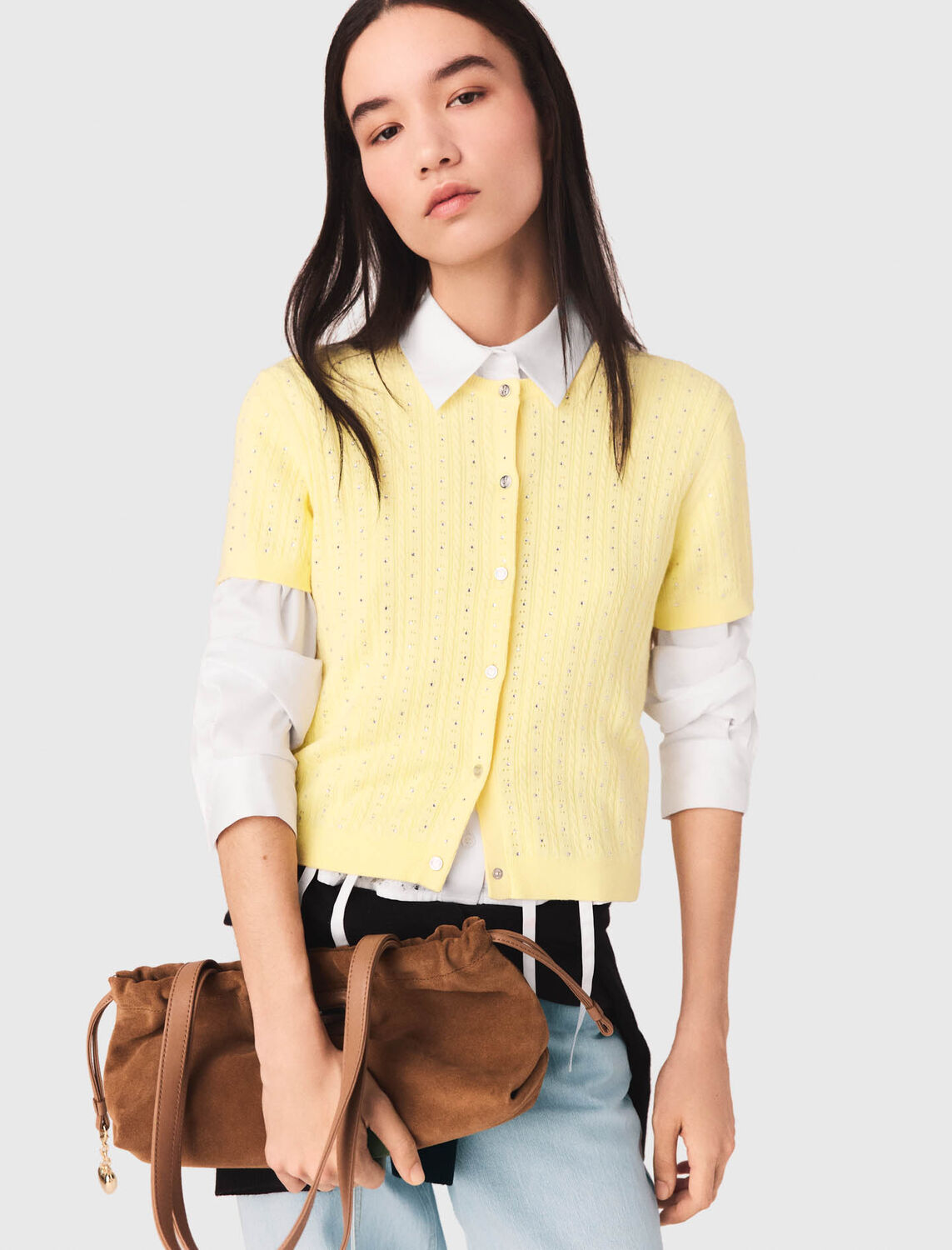 Cardigan with rhinestone neck : Sweaters & Cardigans color Yellow