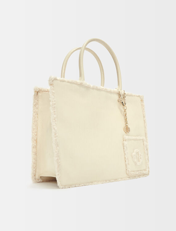 Metallic white and faux fur tote bag -  - MAJE