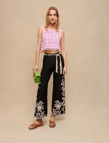 Palm tree embroidery trousers : Trousers & Jeans color Black