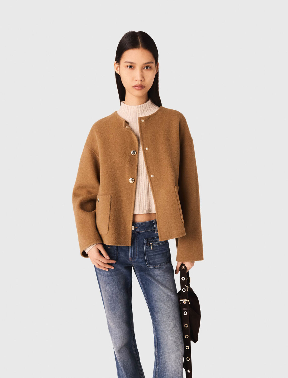 Double-faced coat with leather : Coats color Camel