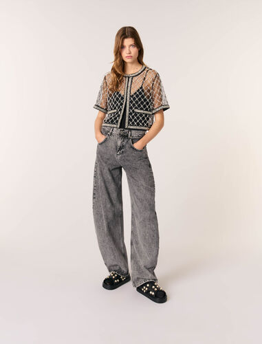 Embroidered tulle top : Tops color Black