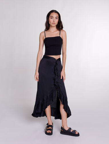 Long satin-effect ruffled skirt : View All color Black