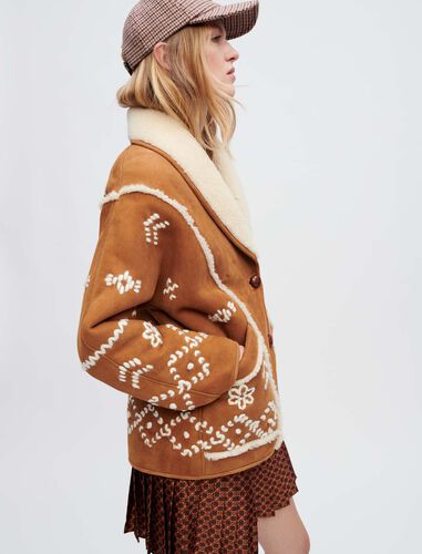 Fully embroidered shearling coat : Coats & Jackets color Camel