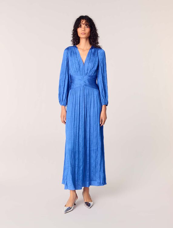 Pleated satin maxi dress : Dresses color Blue