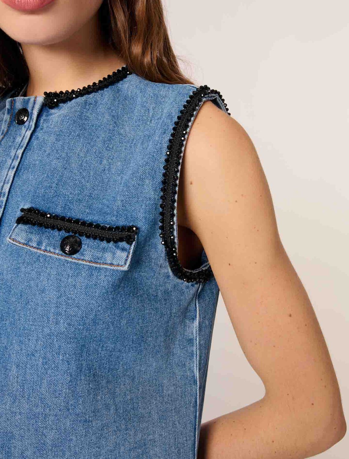 Denim dress with embroidered trim : Dresses color Blue