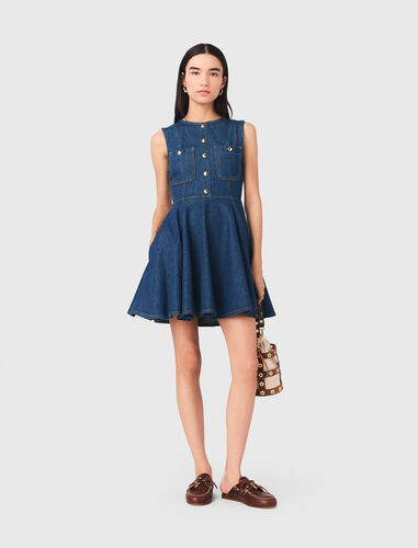 Short flared denim dress : Dresses color Navy