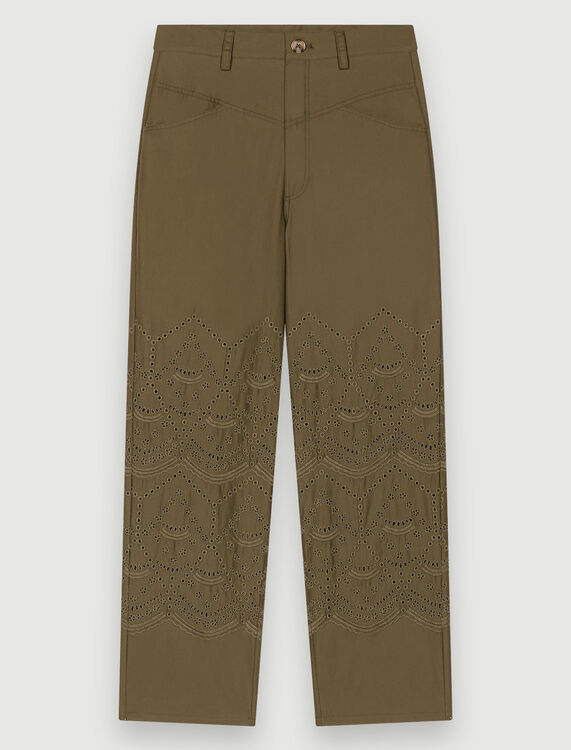 Embroidered cotton trousers : Trousers & Jeans color Khaki