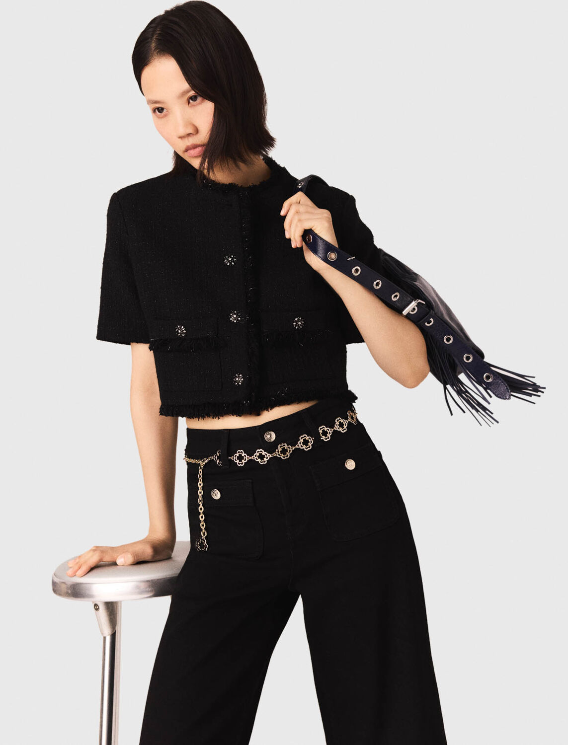 Short shiny tweed jacket : Blazers & Jackets color Black