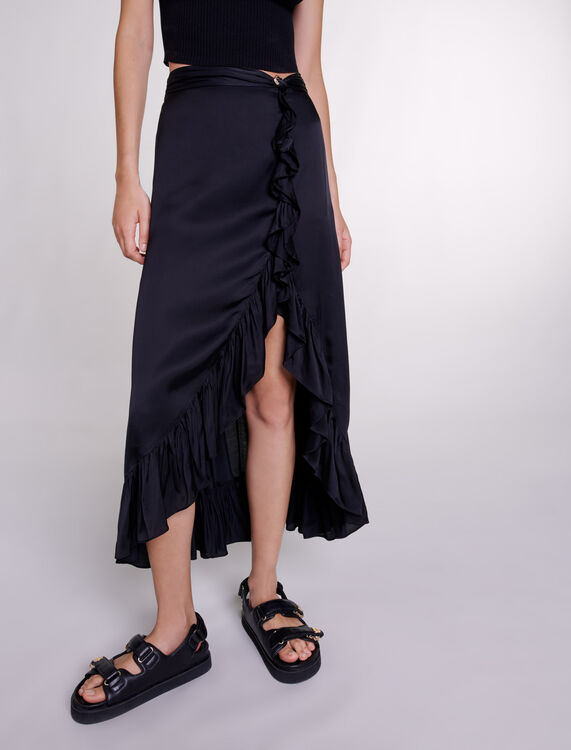 Long satin-effect ruffled skirt -  - MAJE