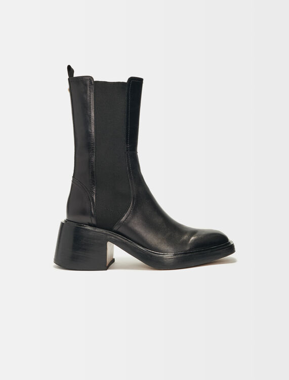 Black leather ankle boots and square toe - Booties & Boots - MAJE
