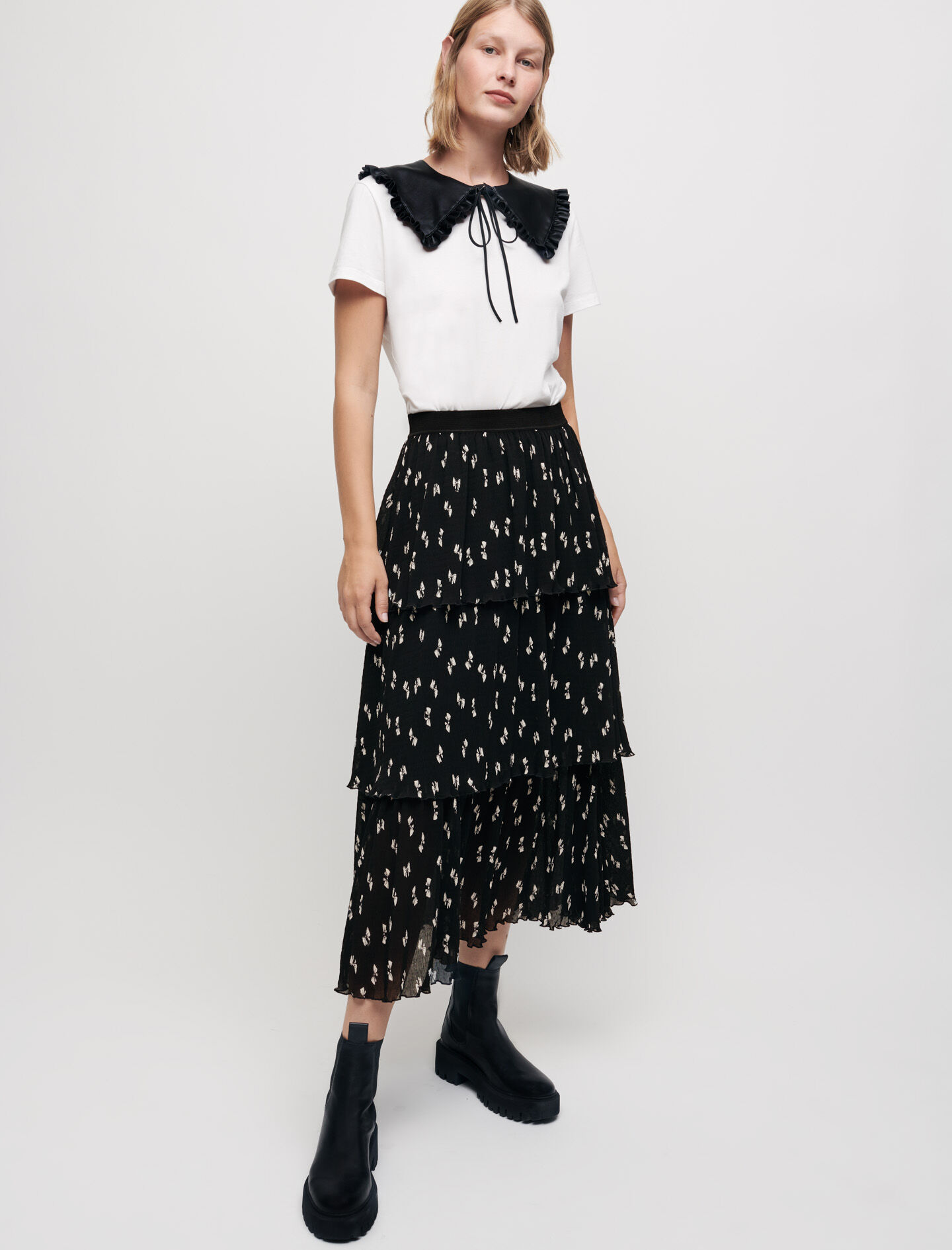 maje printed dress with pleated skirt