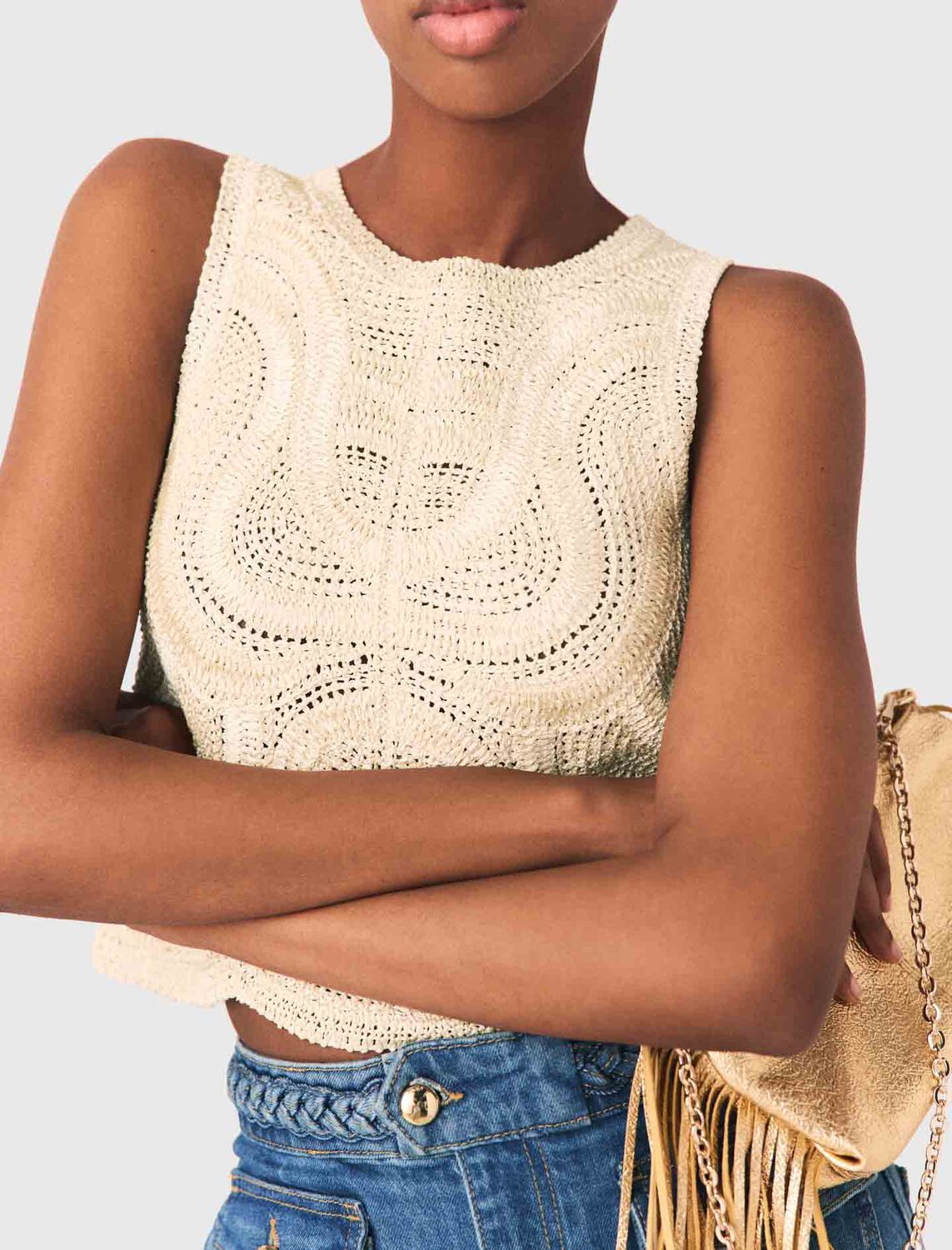 Sleeveless crochet-knit top : Tops color Beige