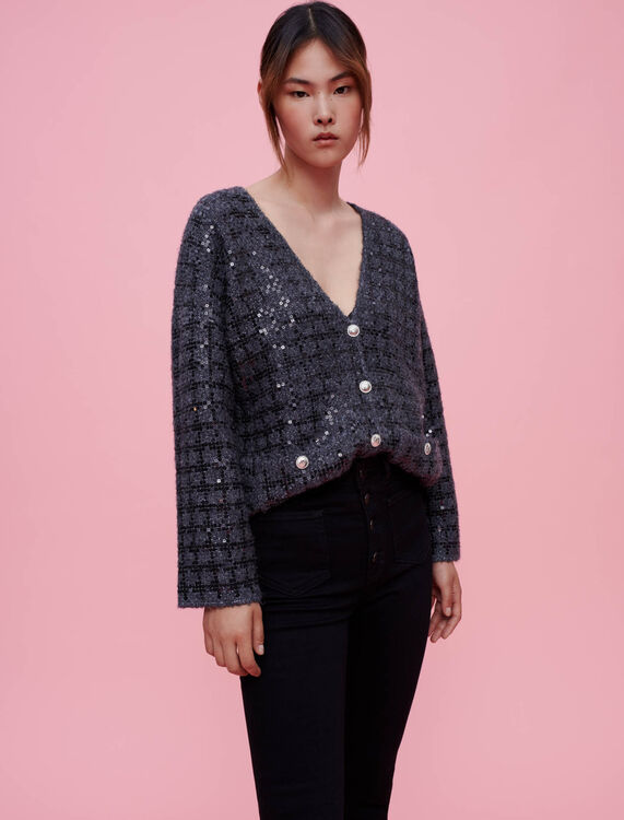 Sequinned tweed-effect knit cardigan - Cardigans & Sweaters - MAJE