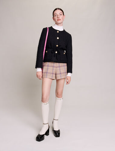Belted shiny  tweed jacket : Coats & Jackets color Black