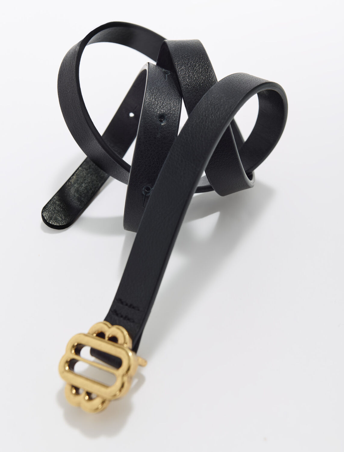 Narrow black leather belt gold buckle - Belts - MAJE