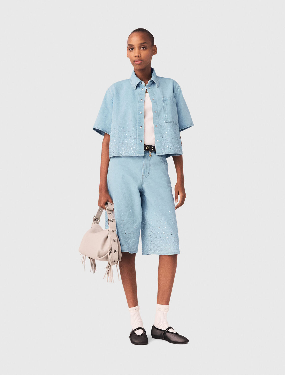 Cropped rhinestone denim shirt - Shirts - MAJE