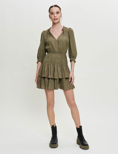 Satin dress with smocking and ruffles : Dresses color Khaki