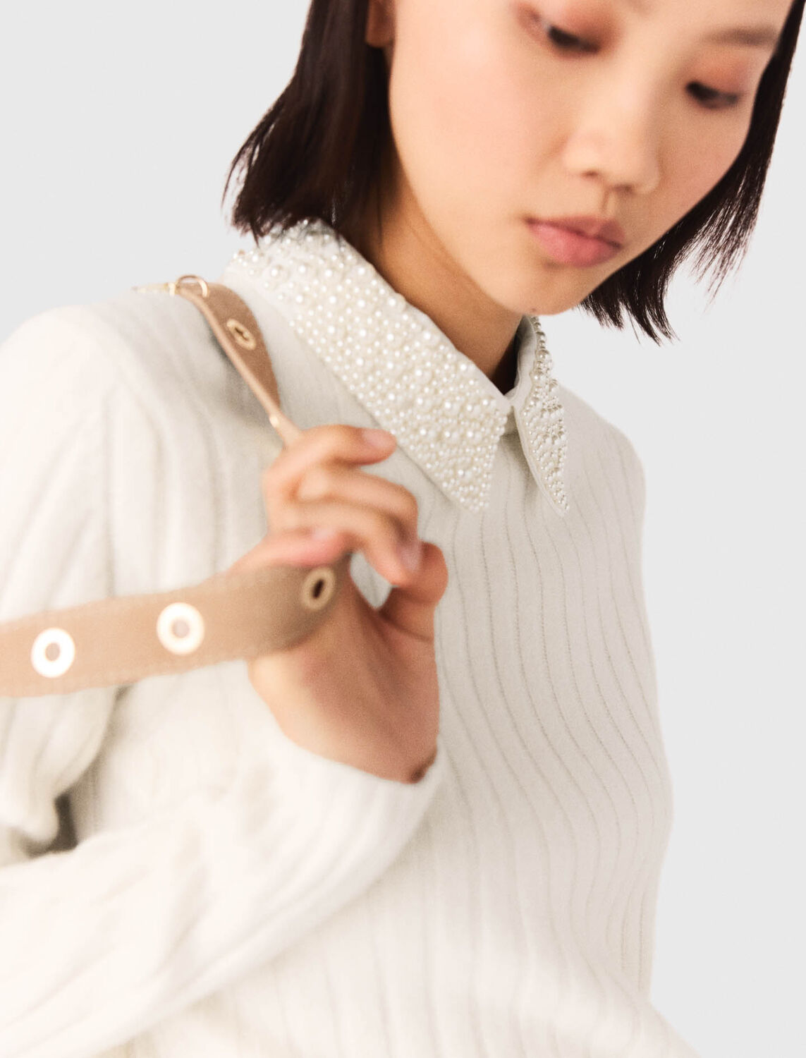Pearl-collar ribbed jumper : Sweaters & Cardigans color Ecru